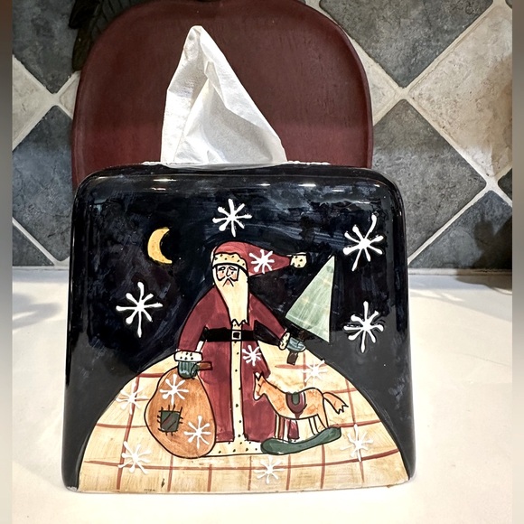 NEW VTG RARE CIC CERAMIC SANTA CLAUS TISSUE COVER BOX BLACK RED CERTIFIED INTER - Picture 4 of 10